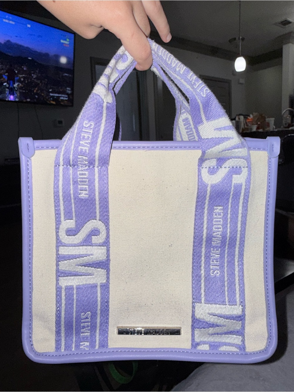 Steve Madden Cream Canvas Tote with Lilac Trim and Logo Straps
